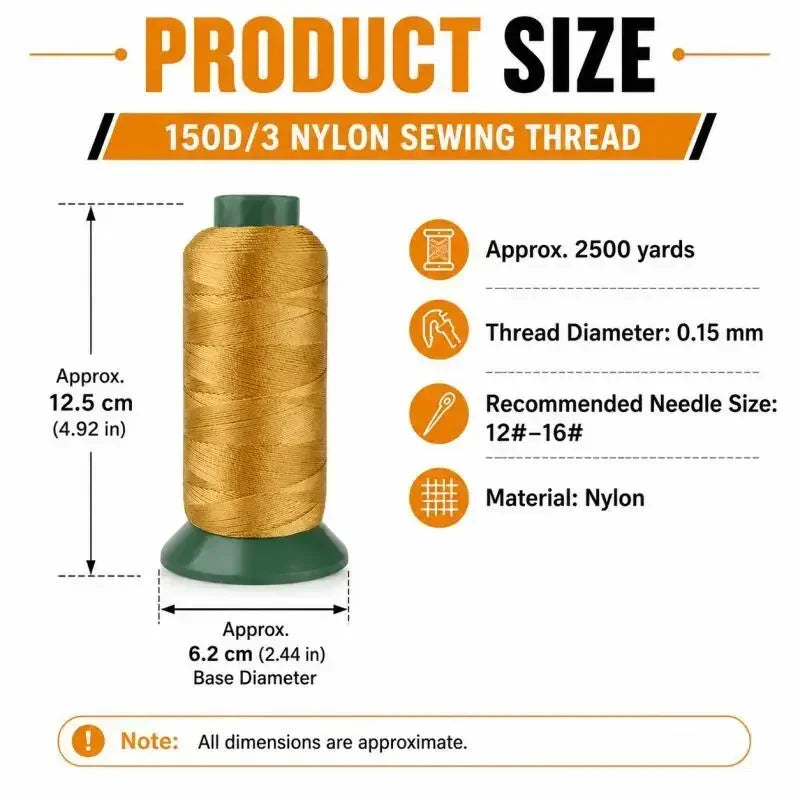 A roll of 150D/3 nylon sewing thread with a green casing and a diameter of 6.2 cm.