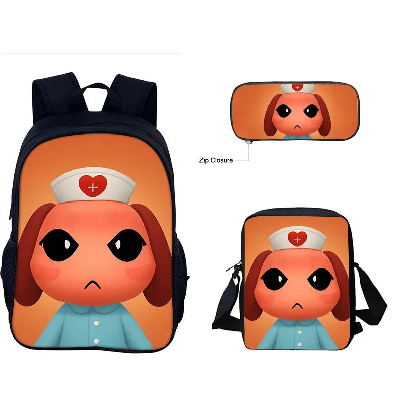 An orange backpack featuring a cartoon doctor character with a red cross emblem and a small orange pouch.