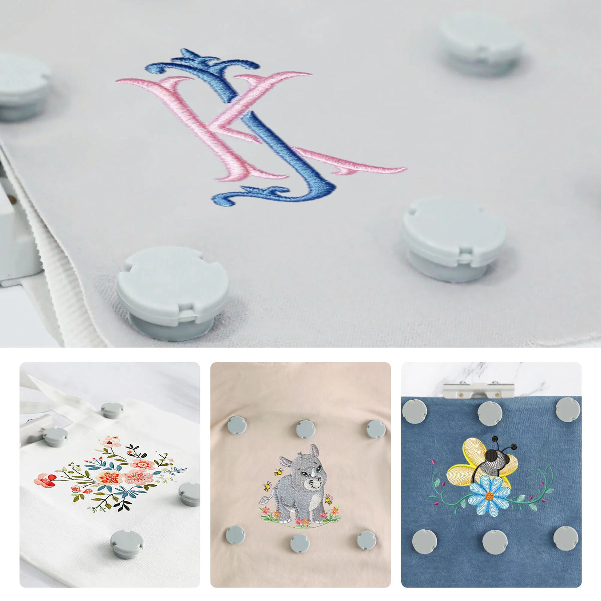 A set of magnetic embroidery hoops in various colors and sizes for machine use