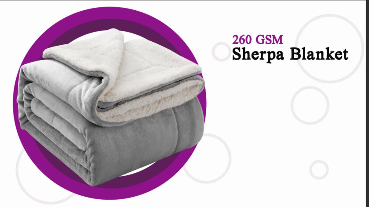 A folded gray sherpa blanket with a fluffy white fleece lining shown in a purple circle.