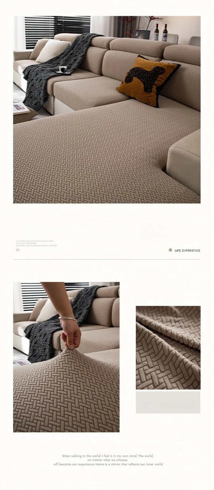A beige stretchy polar fleece sofa cover draped over a modern sectional sofa with a patterned throw blanket.