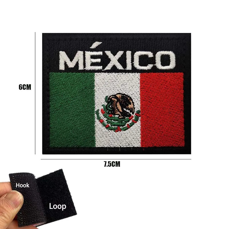 Embroidery patch featuring the flag of Mexico with the word MEXICO above it on a black fabric background