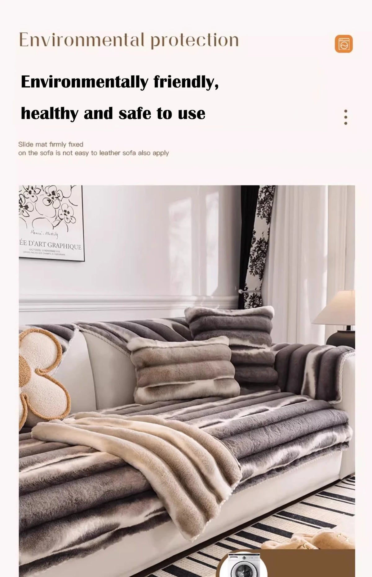 A plush velvet sofa protector cover in shades of gray and beige draped over a white sofa.