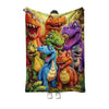 A colorful print of various cartoon dinosaurs on a flannel throw blanket.