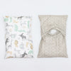 Two soft cotton baby pillow covers featuring various animal illustrations and geometric patterns.