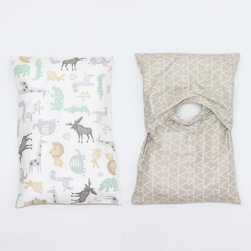 Two soft cotton baby pillow covers featuring various animal illustrations and geometric patterns.