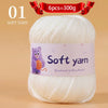 A ball of white soft yarn labeled as handmade knitting thread for crafting.