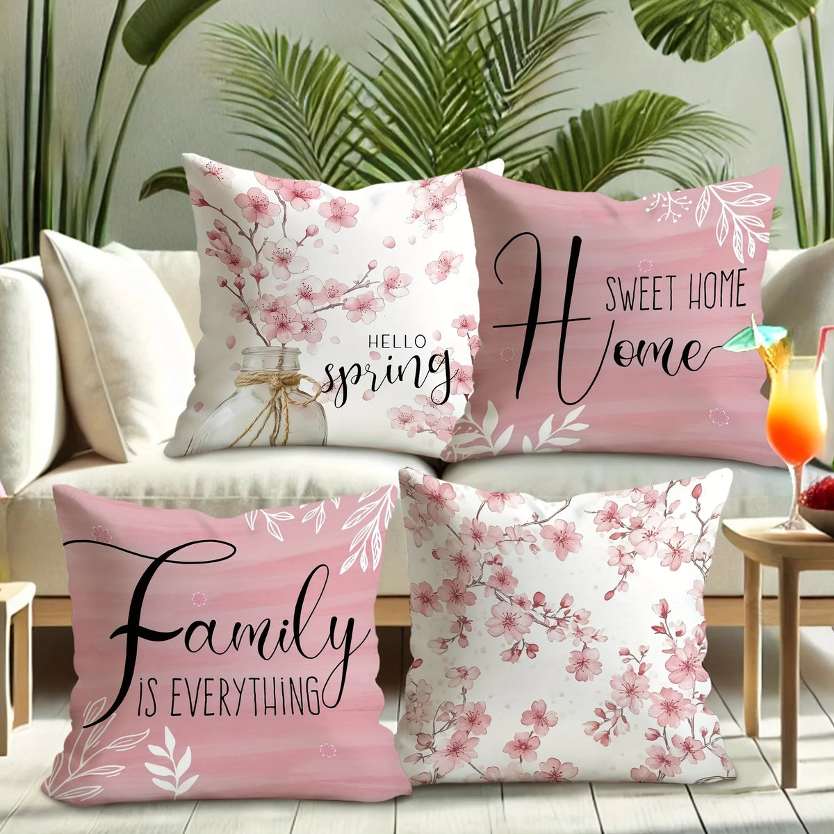 Pink decorative pillow covers featuring cherry blossoms and floral patterns for home decor