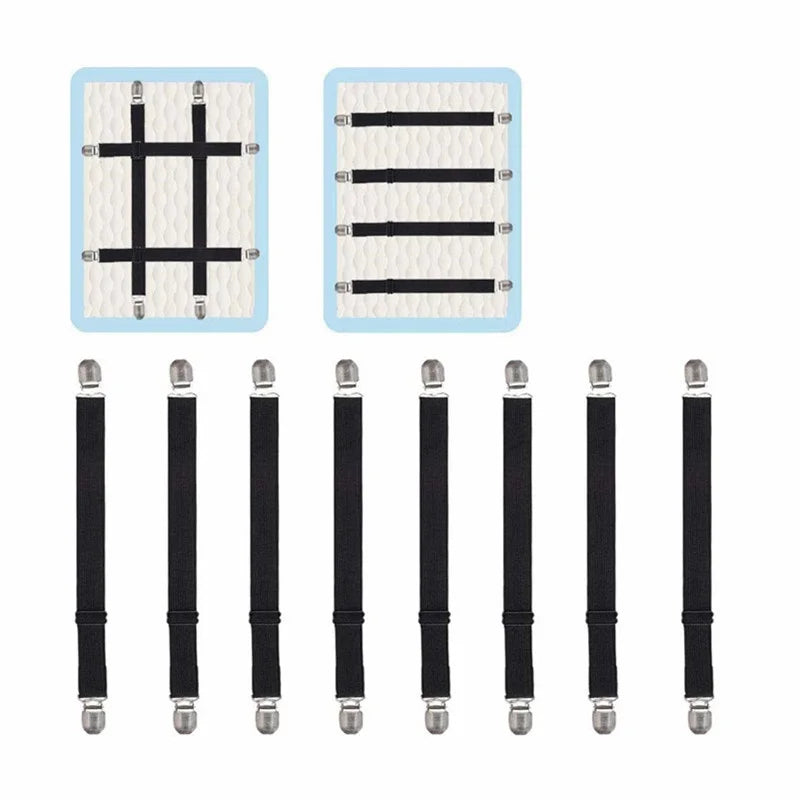 Four sets of black corner straps for adjusting a bed sheet