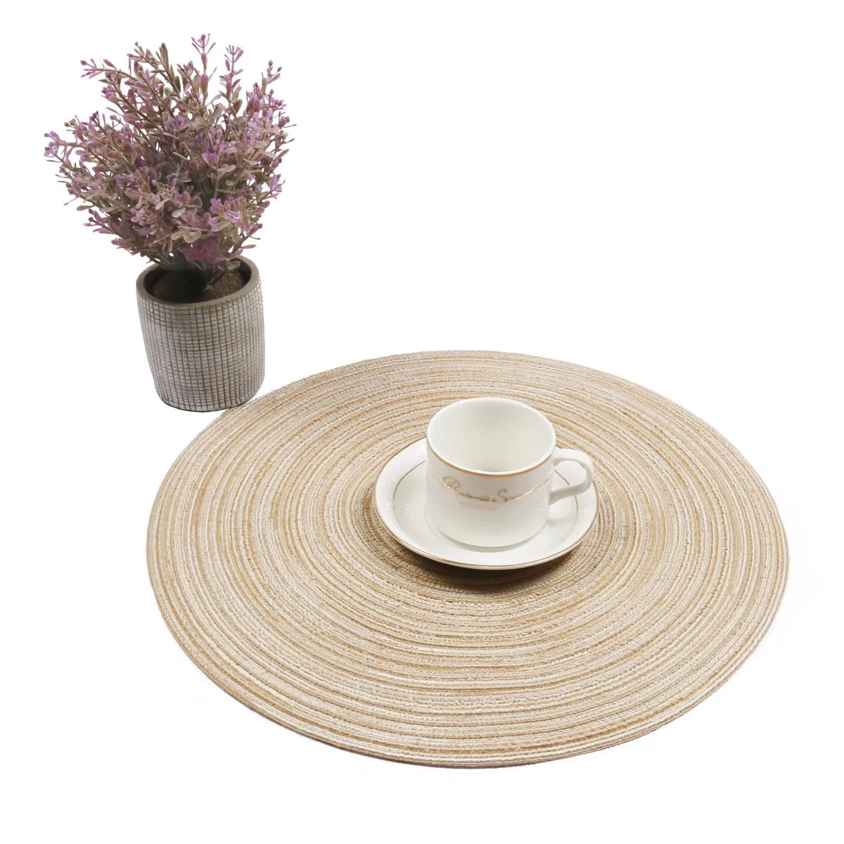 A set of six round braided placemats with a natural beige tone, displayed on a wooden table.