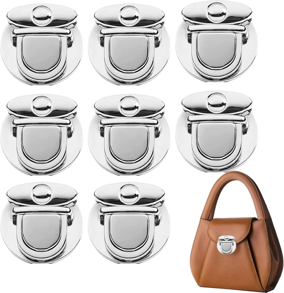 A set of gold metal twist locks for bags and cases, shown in various sizes and finishes.