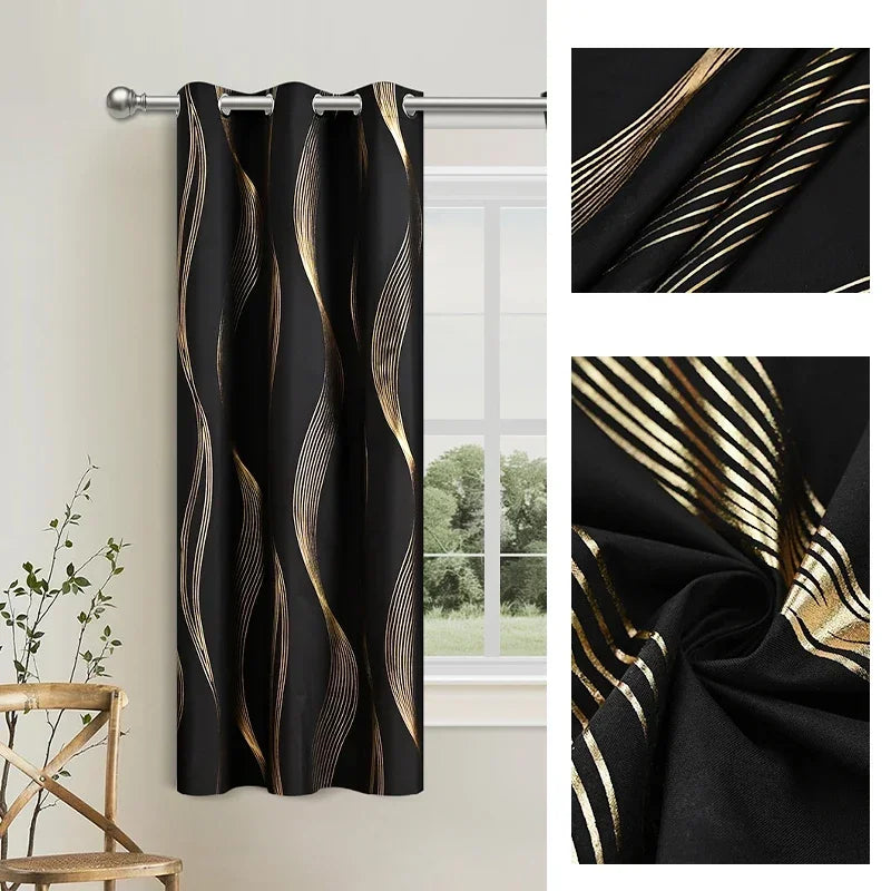 Blackout curtains featuring a marble pattern with gold accents hanging on a rod.
