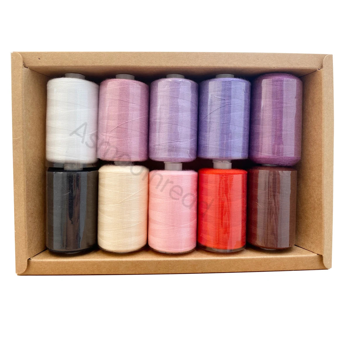 A box containing ten colorful polyester sewing thread spools arranged in a row.