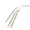 A set of stainless steel circular knitting needles with thin wires extending from the tips.