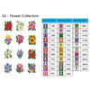 A set of 12 flower symbols and corresponding DMC thread colors for diamond painting craft.