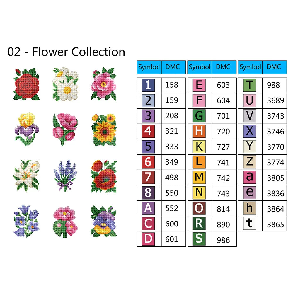 A set of 12 flower symbols and corresponding DMC thread colors for diamond painting craft.