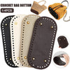 Four reusable PU leather bag bottom pads in black, cream, beige, and brown colors shown with a yellow crocheted bag.