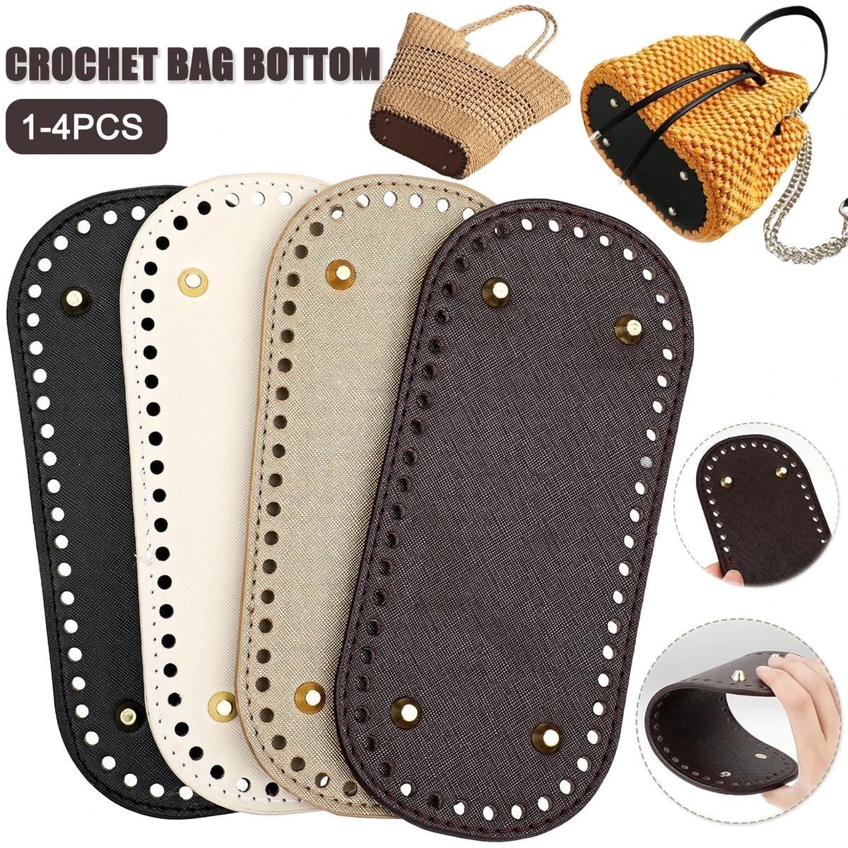 Four reusable PU leather bag bottom pads in black, cream, beige, and brown colors shown with a yellow crocheted bag.