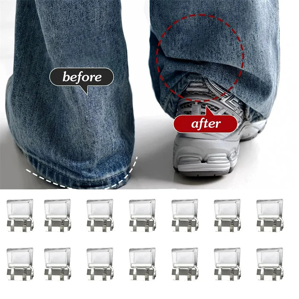 Before and after comparison showing invisible pant hem clips used to adjust trouser hems.