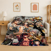 A colorful anime character flannel throw blanket featuring various characters in a dark, detailed illustration.