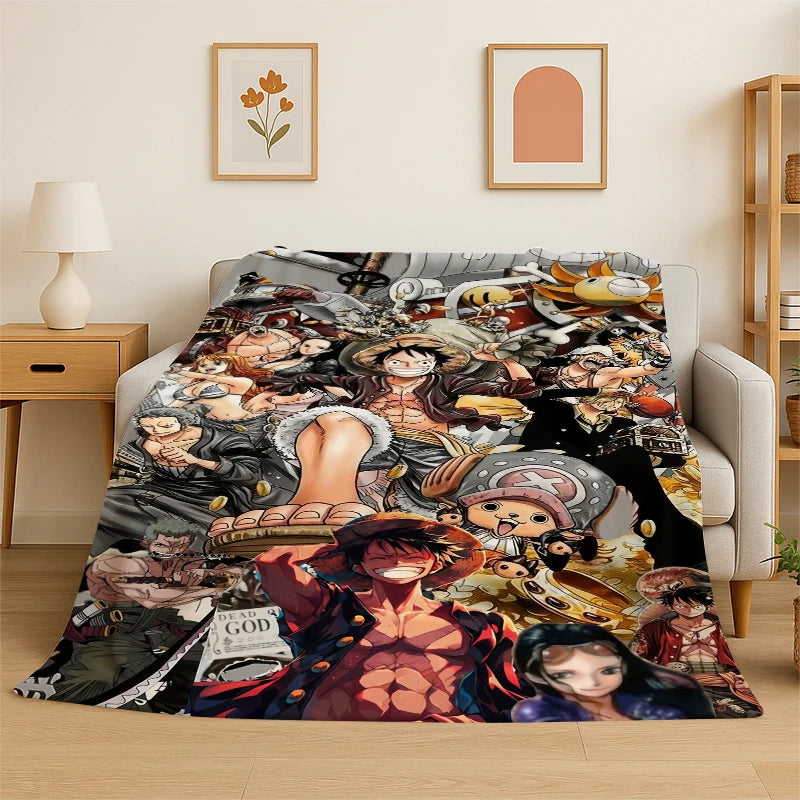 A colorful anime character flannel throw blanket featuring various characters in a dark, detailed illustration.