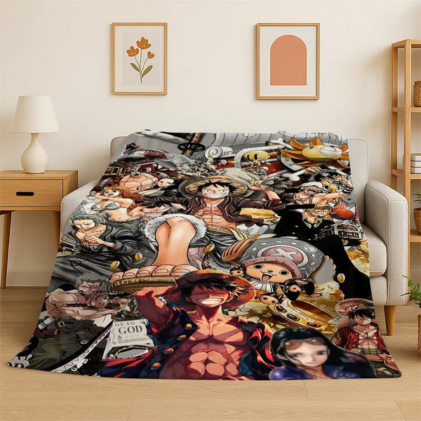 A colorful anime character flannel throw blanket featuring various characters in a dark, detailed illustration.