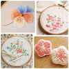 Close-up of floral embroidery designs created with premium multicolor floss threads on fabric.