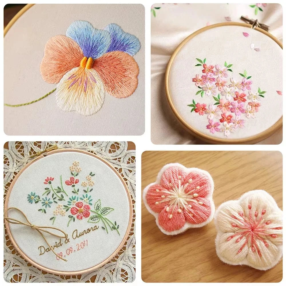 Close-up of floral embroidery designs created with premium multicolor floss threads on fabric.