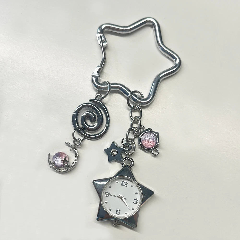 Silver adjustable clock keychain featuring a rose quartz gemstone and a star-shaped watch face.
