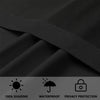 Black fabric curtain panel showing shading, waterproof, and privacy protection features.
