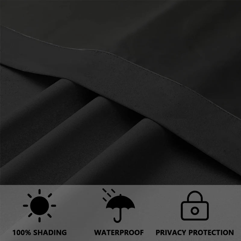 Black fabric curtain panel showing shading, waterproof, and privacy protection features.