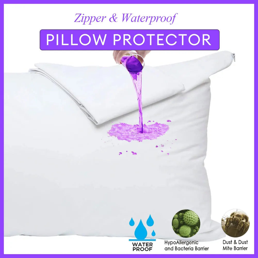 A purple liquid is dripping from a zipper on a white pillow protector, highlighting its waterproof and antibacterial features