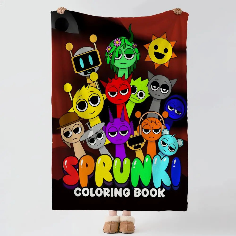 A dark flannel blanket featuring colorful characters from the Sprunki coloring book.