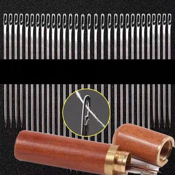 A close-up view of a brown wooden tube containing a stainless steel sewing kit with multiple needles.