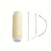 A spool of beige hair extension weft threads with accompanying tools like tweezers and a curved tool.