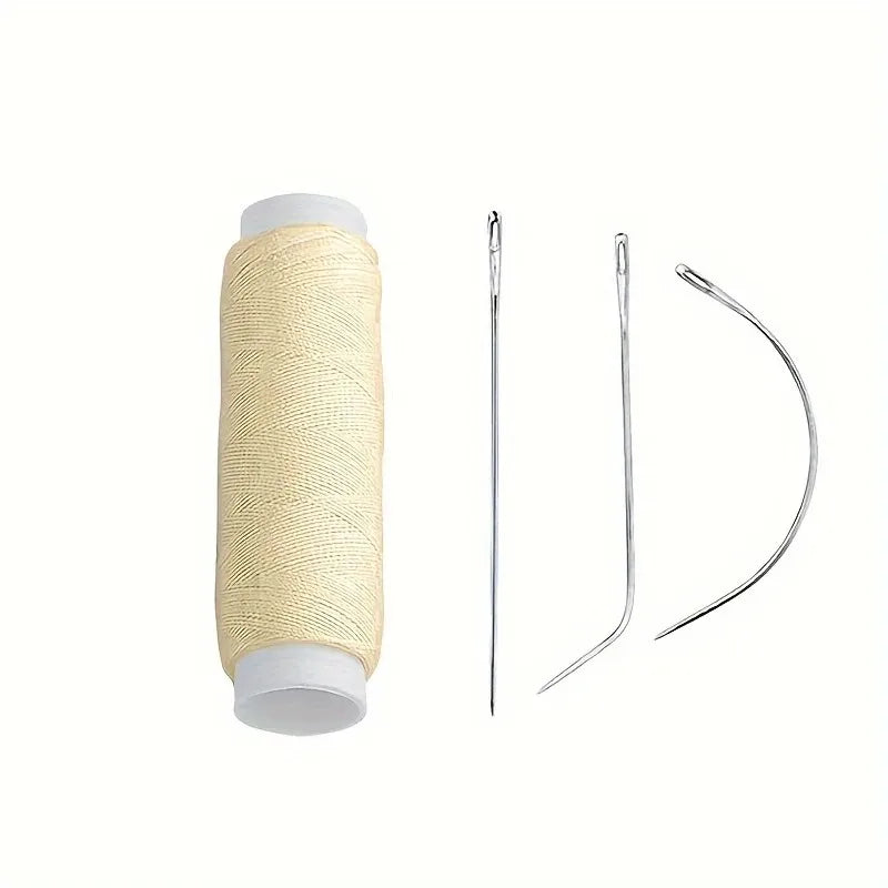 A spool of beige hair extension weft threads with accompanying tools like tweezers and a curved tool.