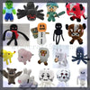 A collection of various stuffed animal plush toys including a black spider, a green dinosaur, and several other creatures.