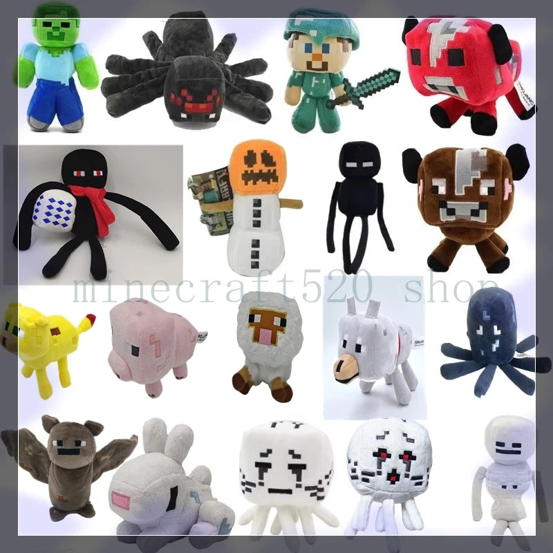 A collection of various stuffed animal plush toys including a black spider, a green dinosaur, and several other creatures.