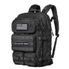 Black tactical backpack with a American flag patch and 'In God We Trust' text