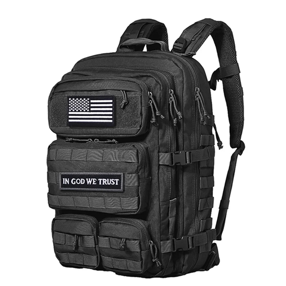 Black tactical backpack with a American flag patch and 'In God We Trust' text