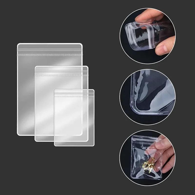 Clear dustproof self-sealing jewelry storage bags shown in various angles