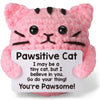 Pink fluffy cat plush toy with black stripes and a happy expression