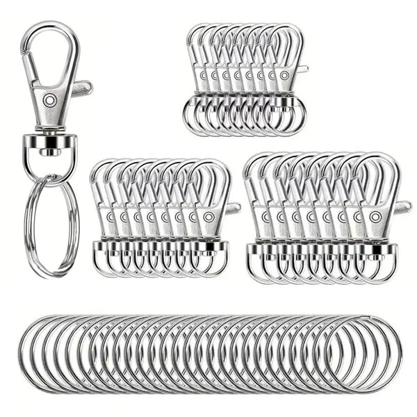 A collection of multi-sized metal snap hooks and key rings displayed in various configurations.