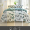 A watercolor floral duvet cover set in teal and grey displayed under different light conditions.