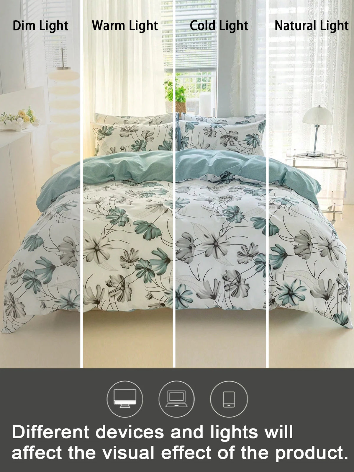 A watercolor floral duvet cover set in teal and grey displayed under different light conditions.