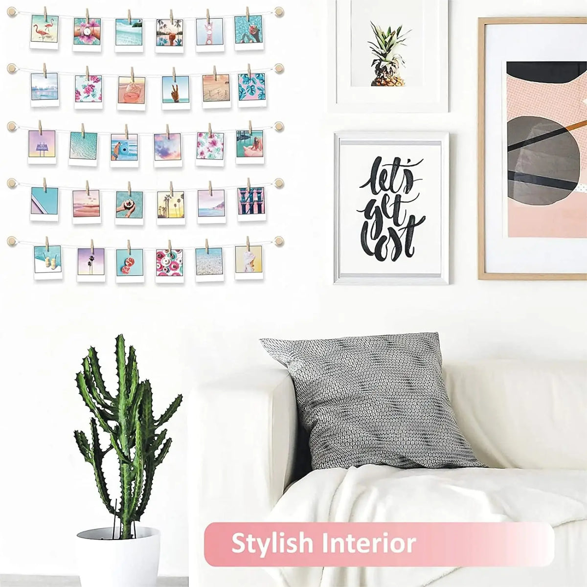 A display of mini wooden clothespins with jute twine used for hanging photos and crafts.