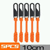 Five black detachable zipper pull sliders with orange cord for bags and clothing