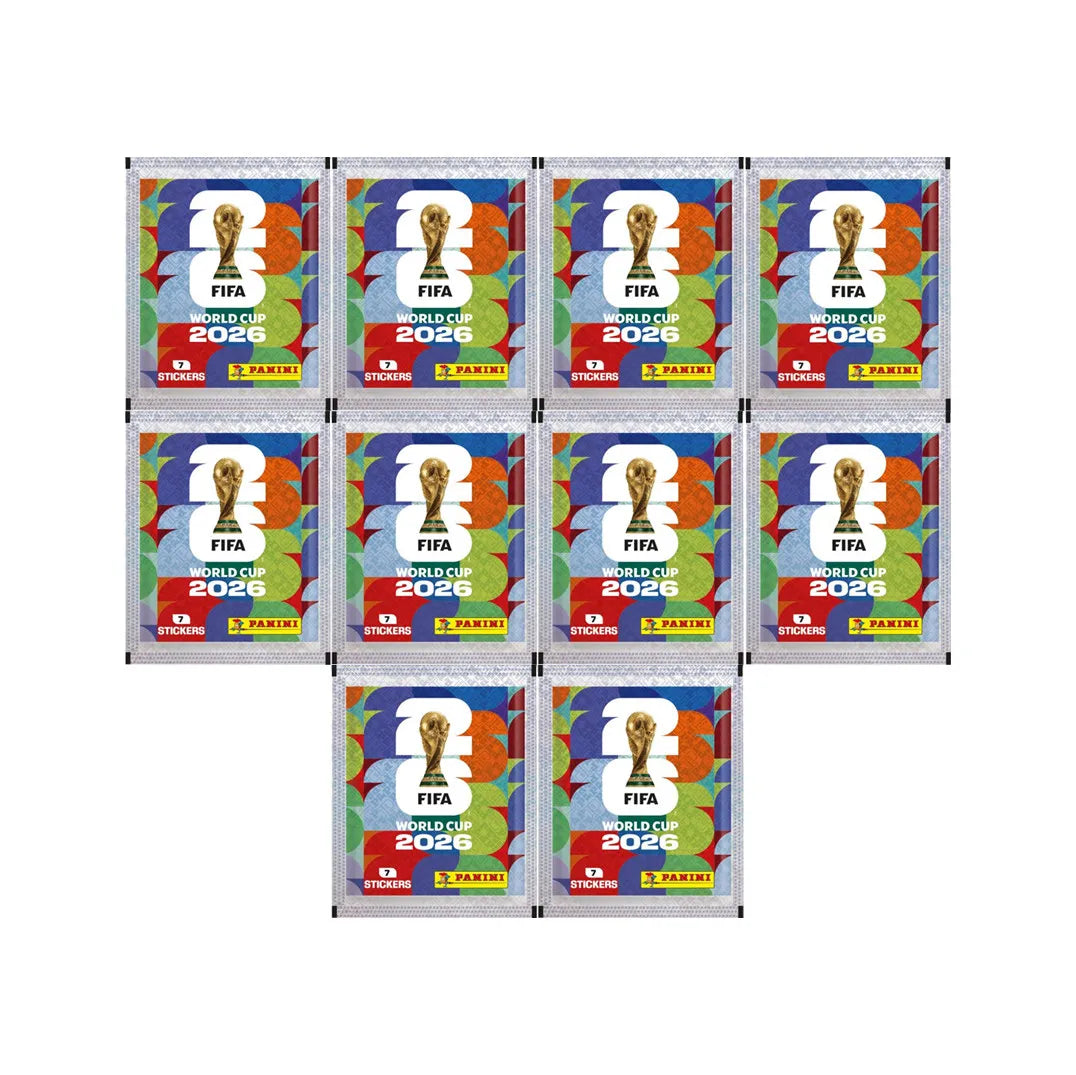 A grid of 12 football stickers featuring the FIFA World Cup 2026 logo and a golden trophy.