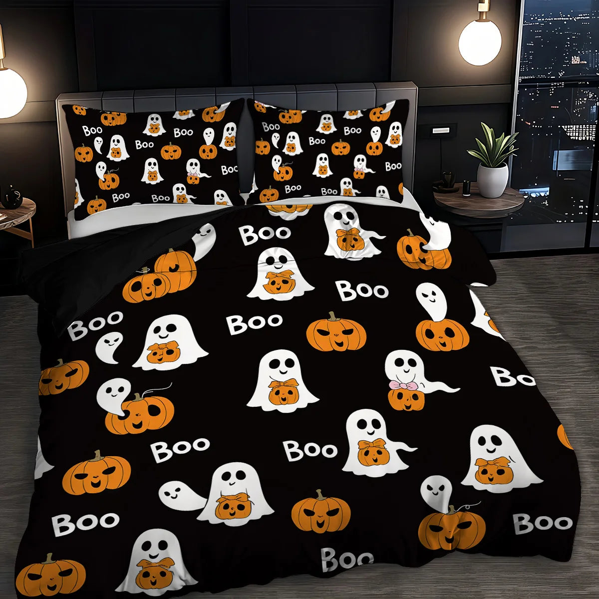Black duvet cover set featuring an all-over pattern of white ghosts and orange pumpkins.