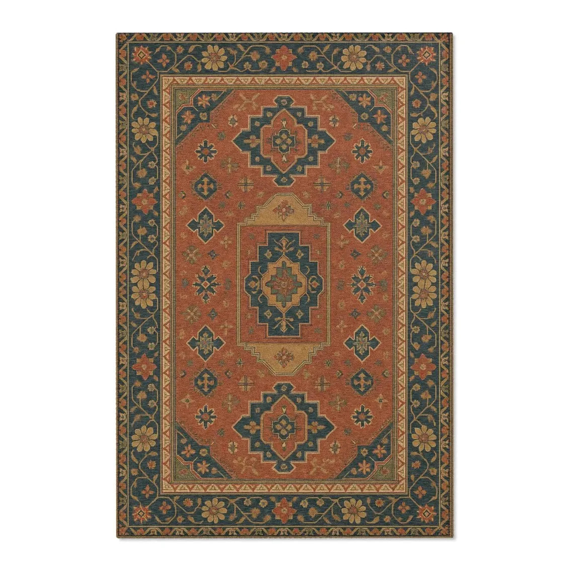 An antique-style area rug featuring intricate geometric patterns in shades of rust, blue, and gold.